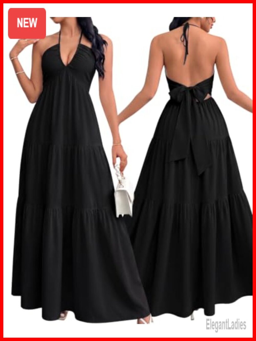 Halter V Neck Sleeveless A-Line Maxi Dress Flowy Wedding Guest Beach Vacation
